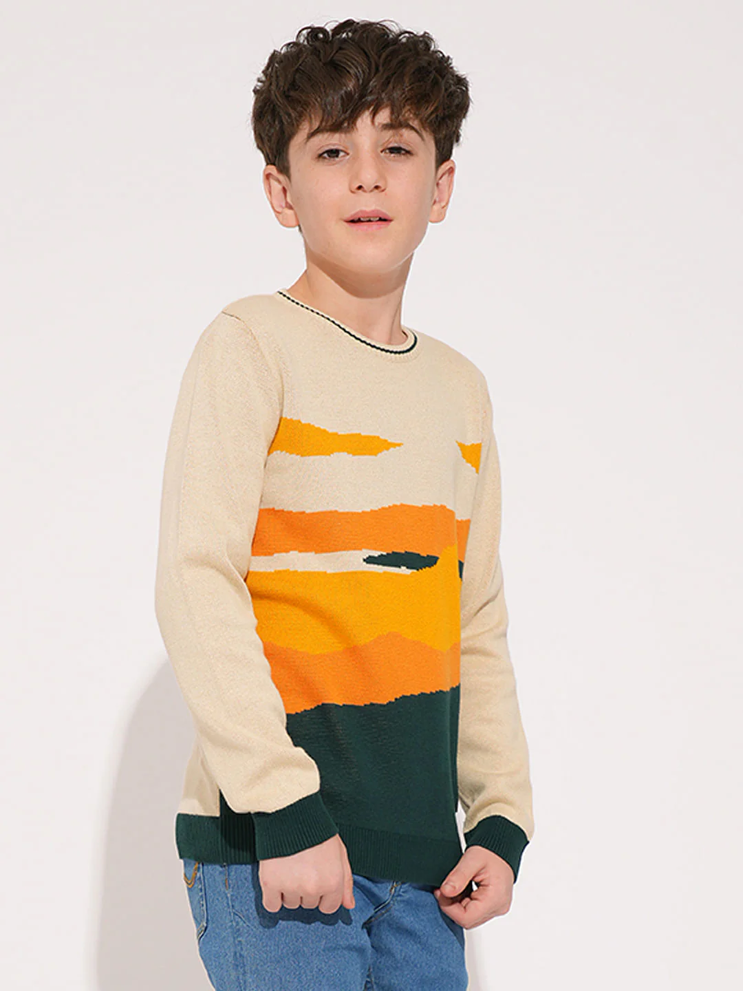 Boys Beige Printed Knitted Pullover - Image 3