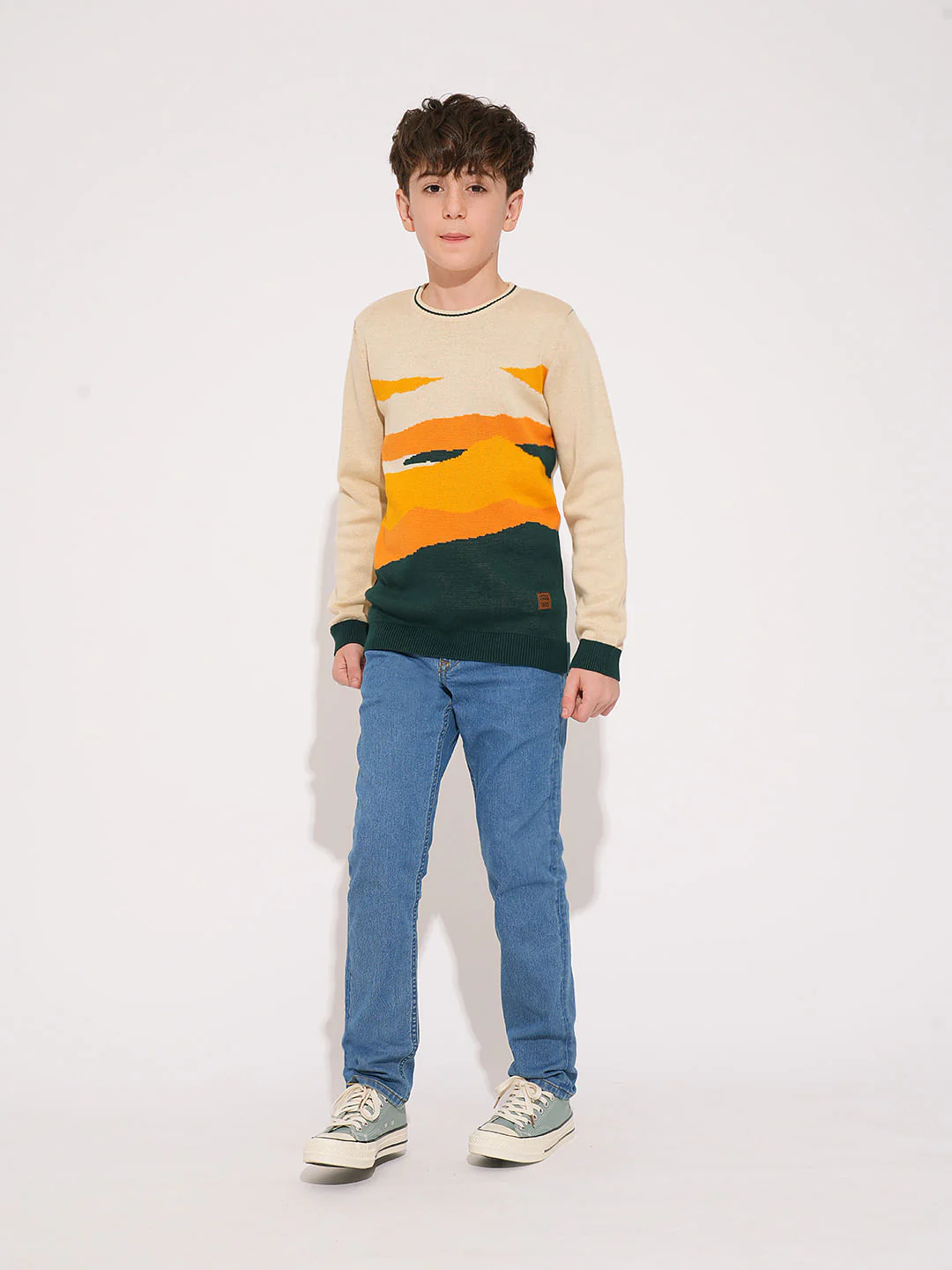 Boys Beige Printed Knitted Pullover - Image 5