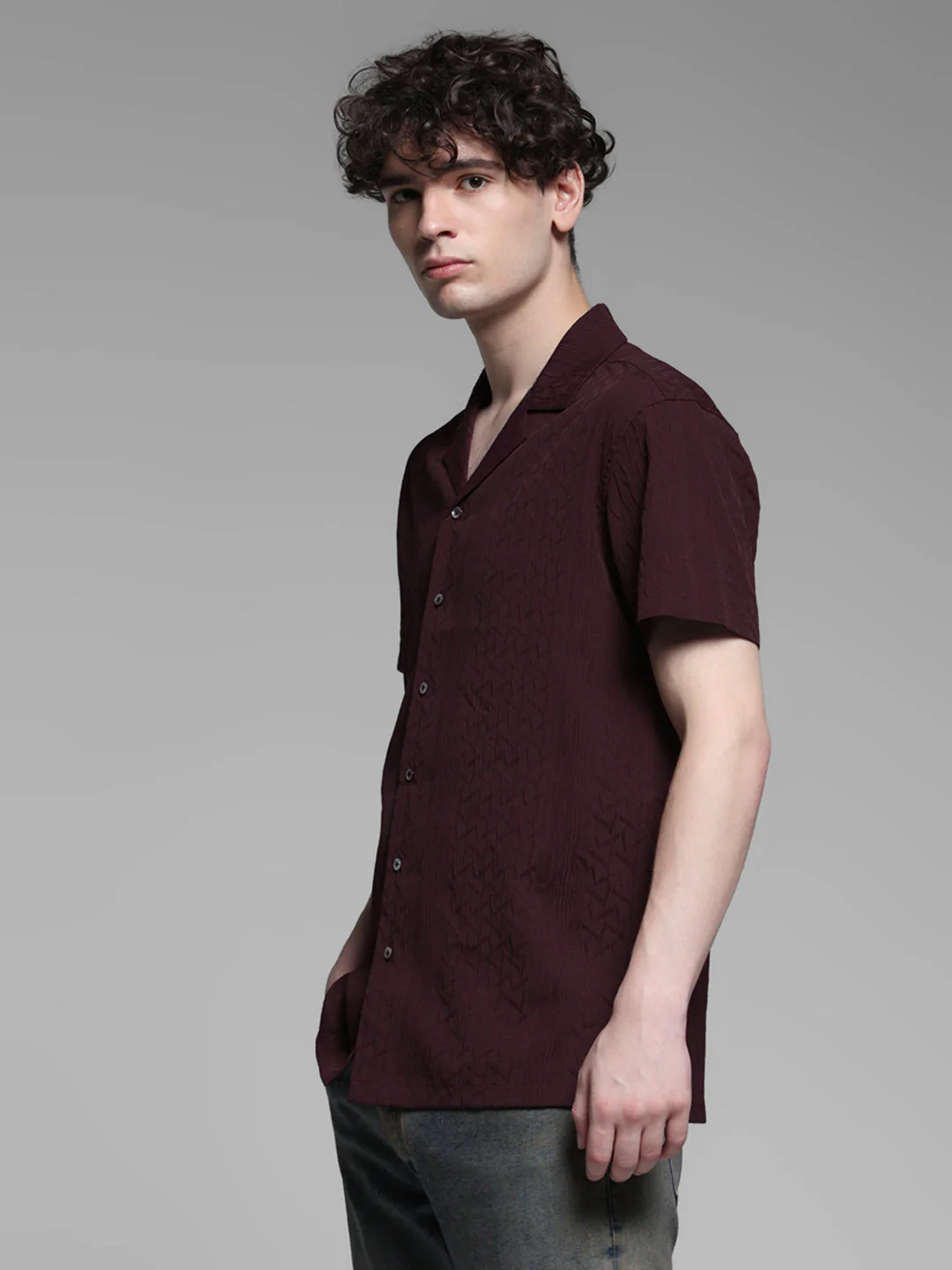 Maroon Jacquard Comfort Fit Shirt - Image 3
