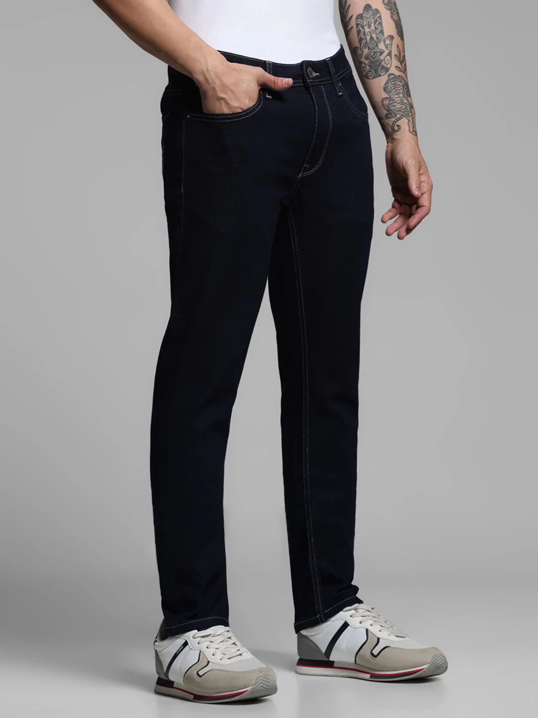 Dark Blue Contrast Stitch Skinny Jeans - Image 2