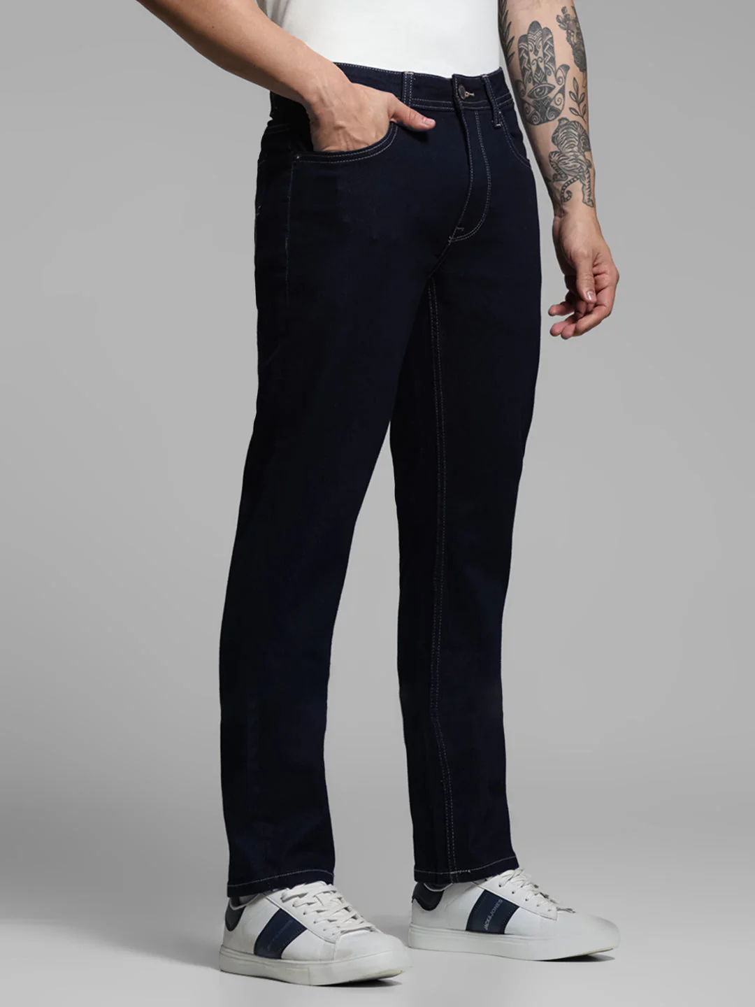 Dark Blue Contrast Stitch Regular Fit Jeans - Image 2