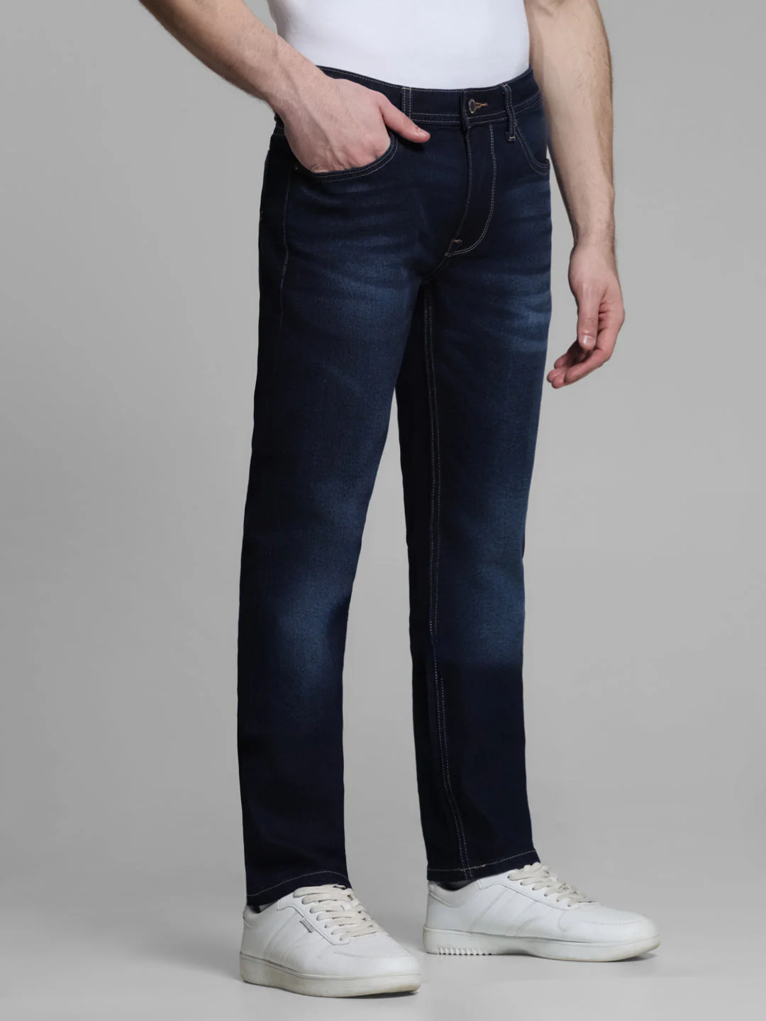 Dark Blue Washed Regular Fit Jeans For Men. - Image 2