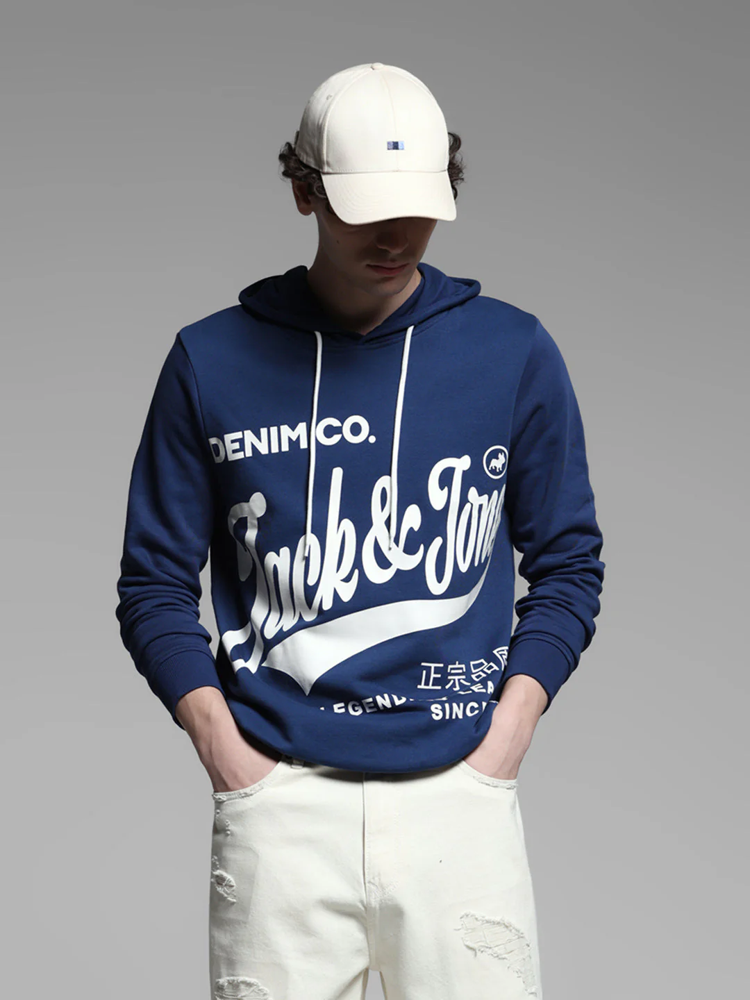 Blue Printed Hooded Sweatshirt