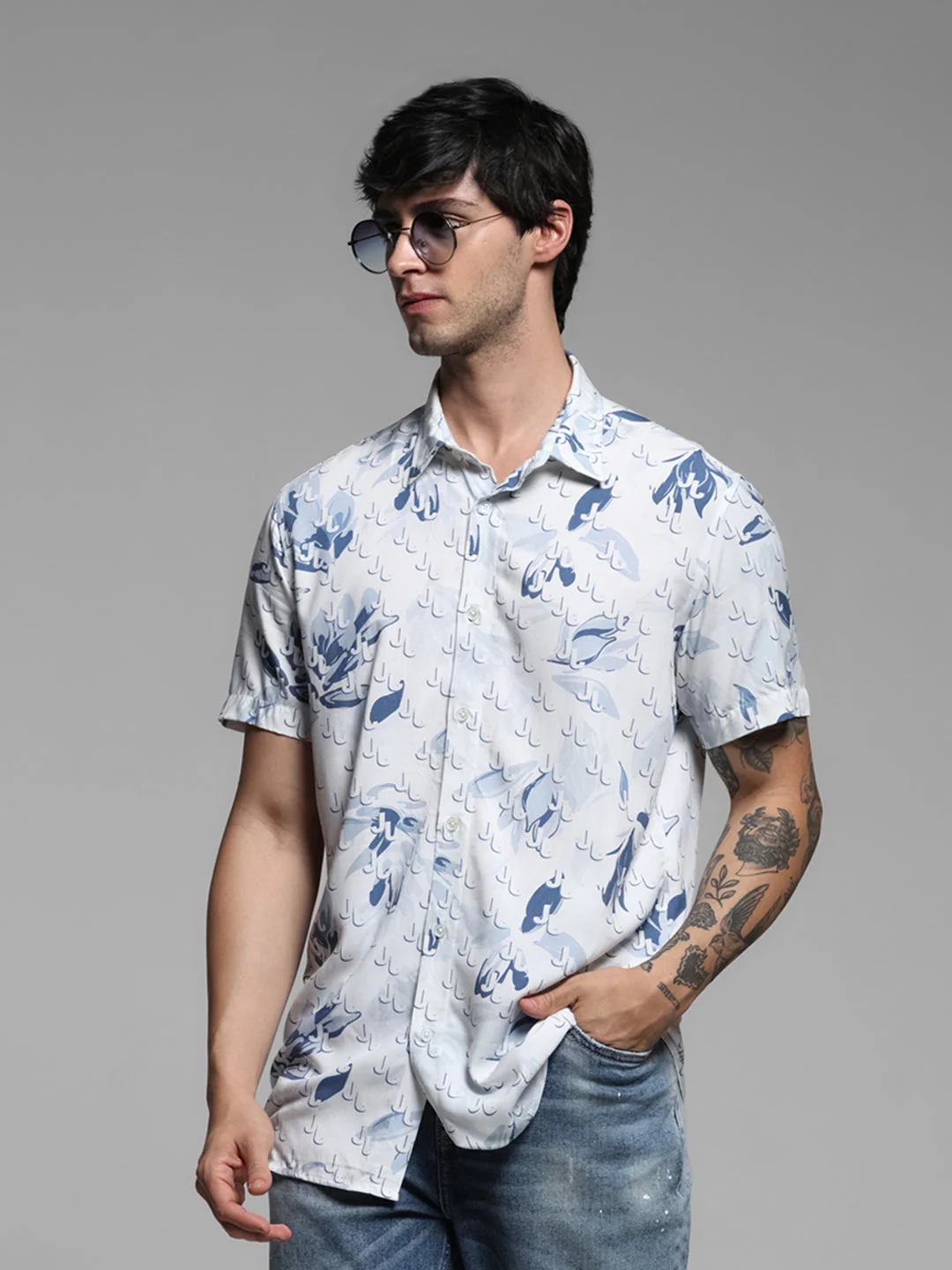 White Floral Print Shirt