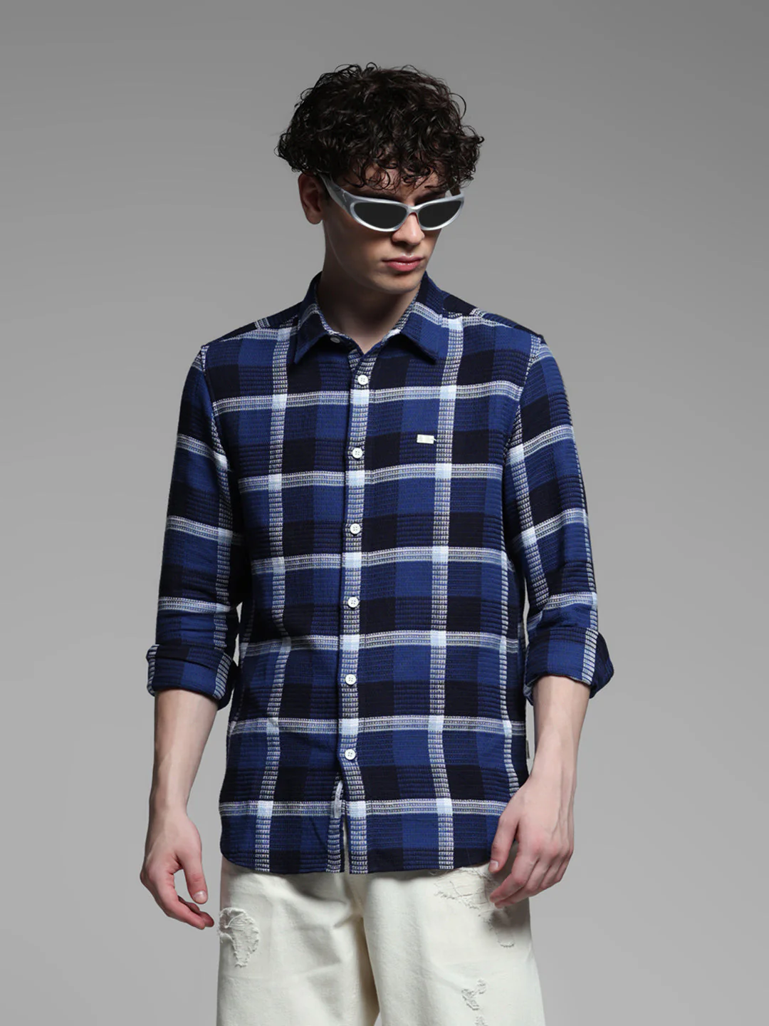 Dark Blue Check Cotton Shirt