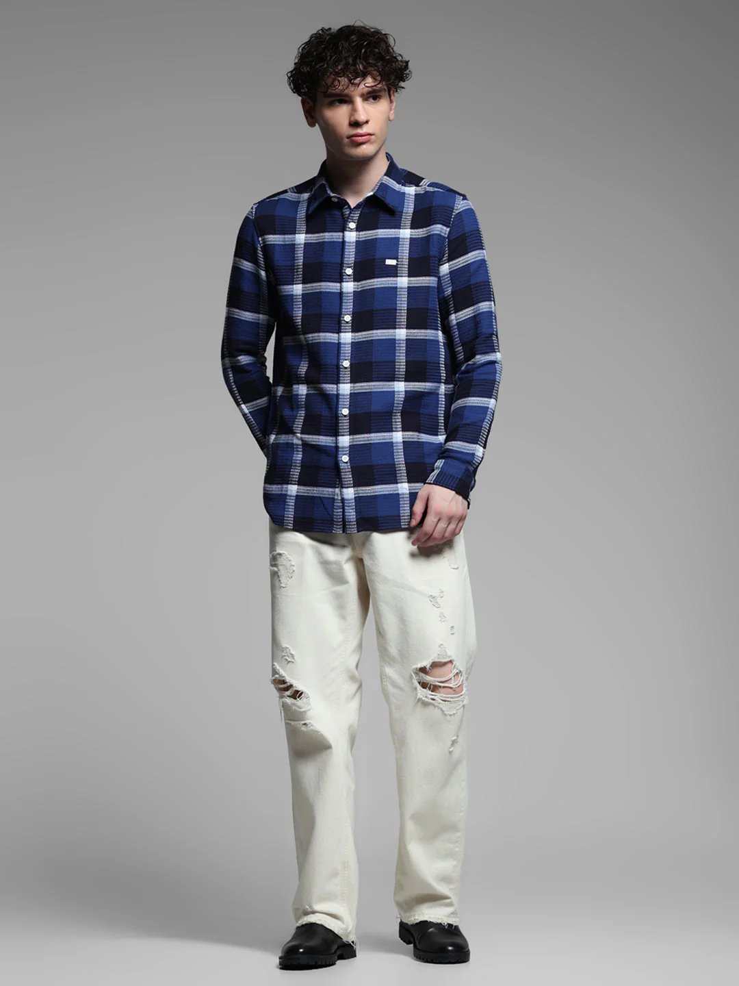 Dark Blue Check Cotton Shirt - Image 6