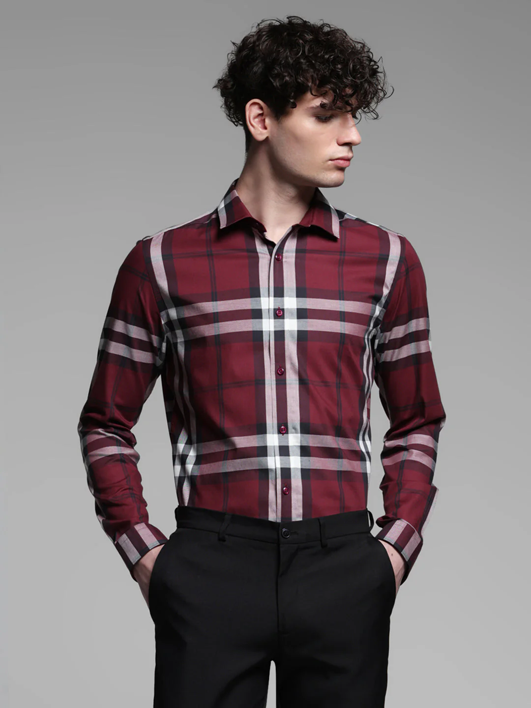 Dark Red Check Slim Fit Shirt - Image 2