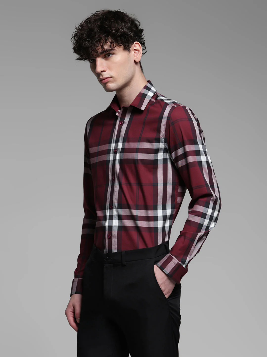 Dark Red Check Slim Fit Shirt - Image 3