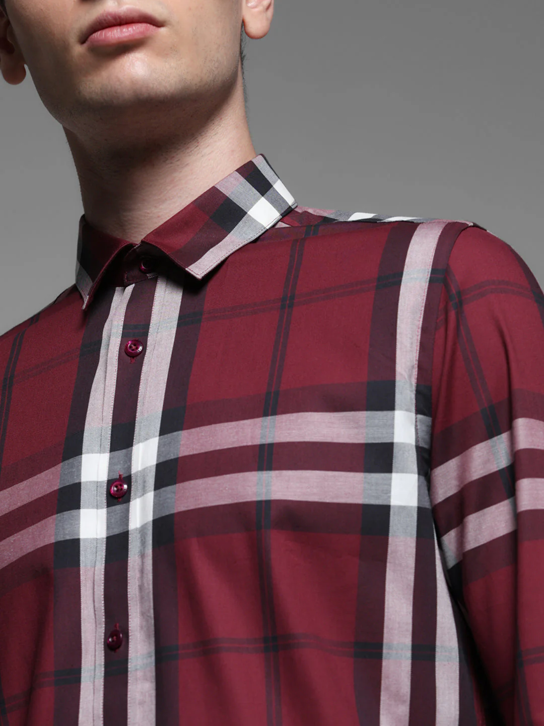 Dark Red Check Slim Fit Shirt - Image 5