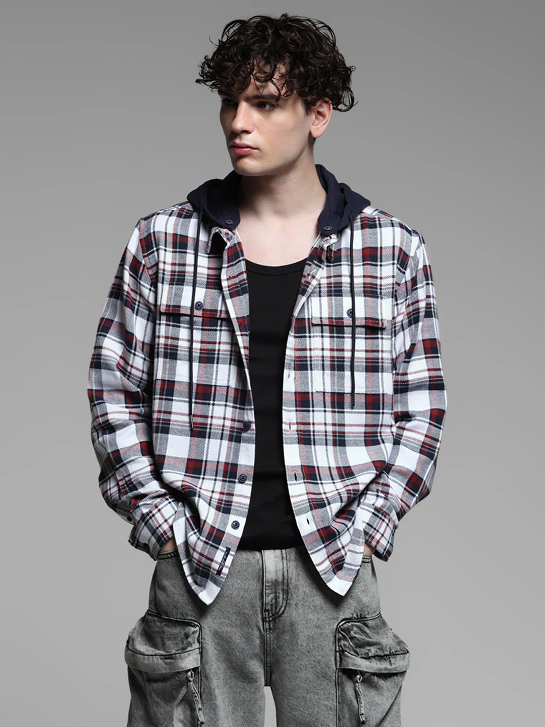 White Check Hooded Shirt - Image 2