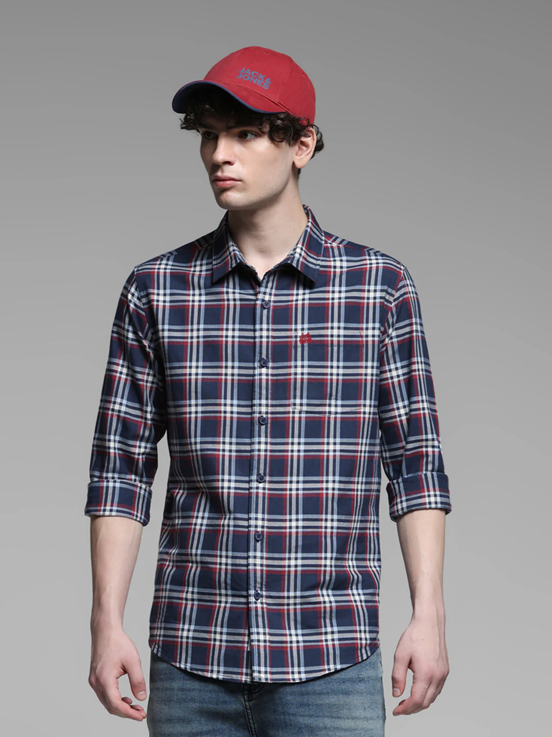 Navy Blue Check Cotton Shirt