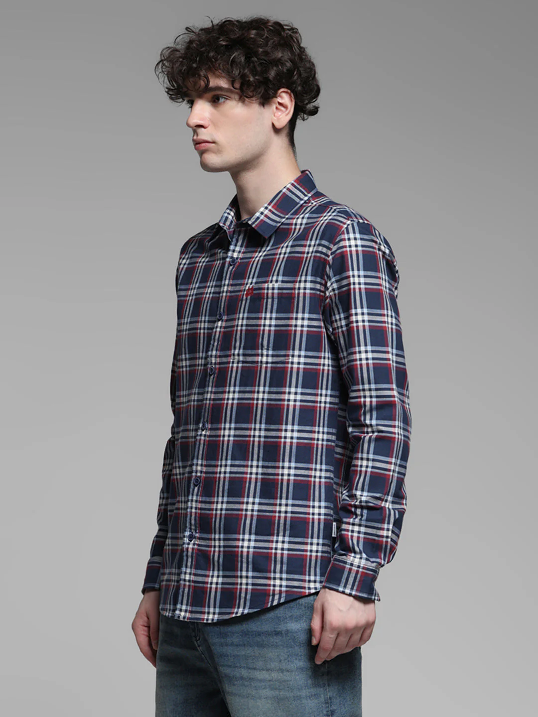 Navy Blue Check Cotton Shirt - Image 3