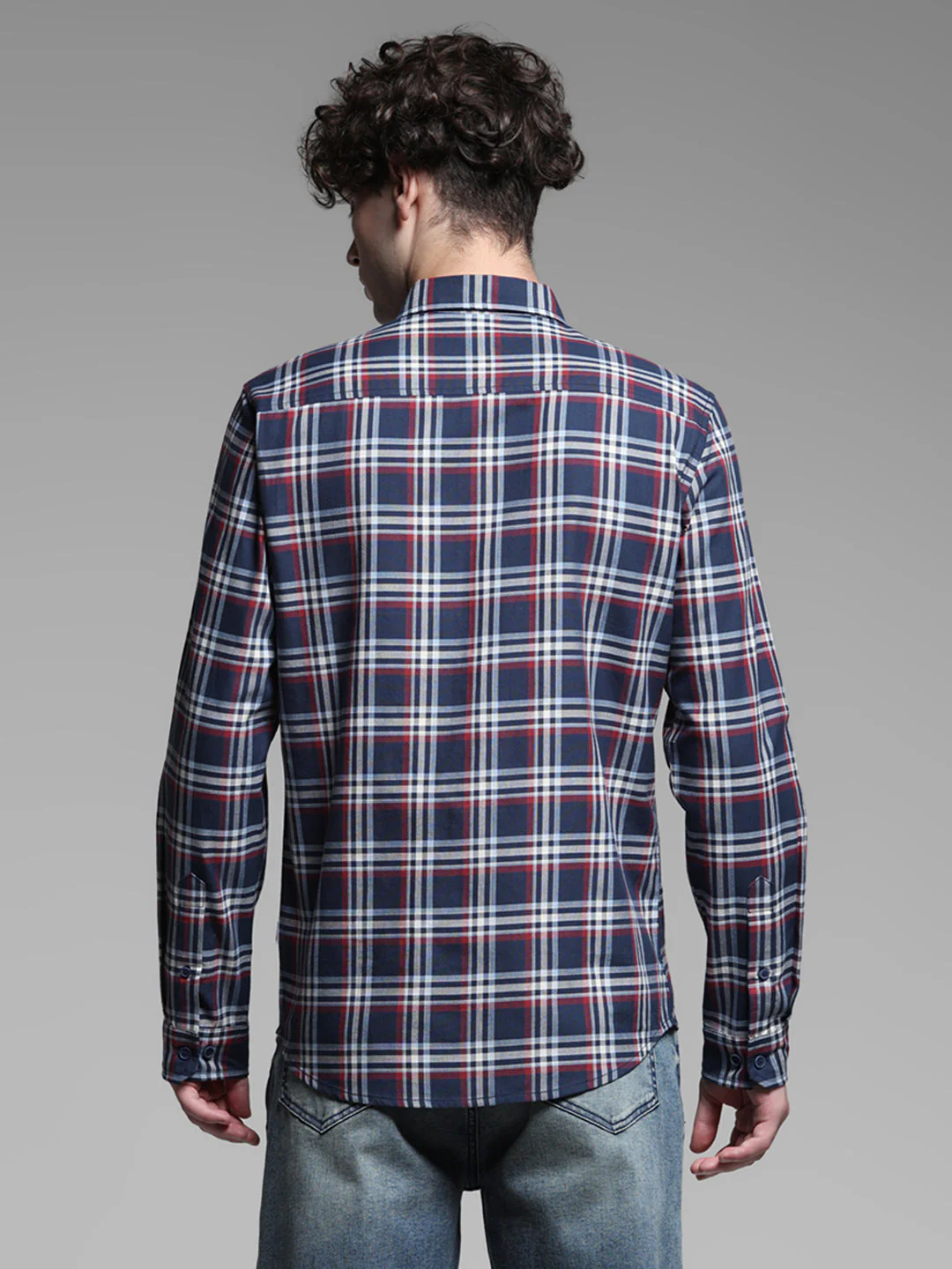 Navy Blue Check Cotton Shirt - Image 4