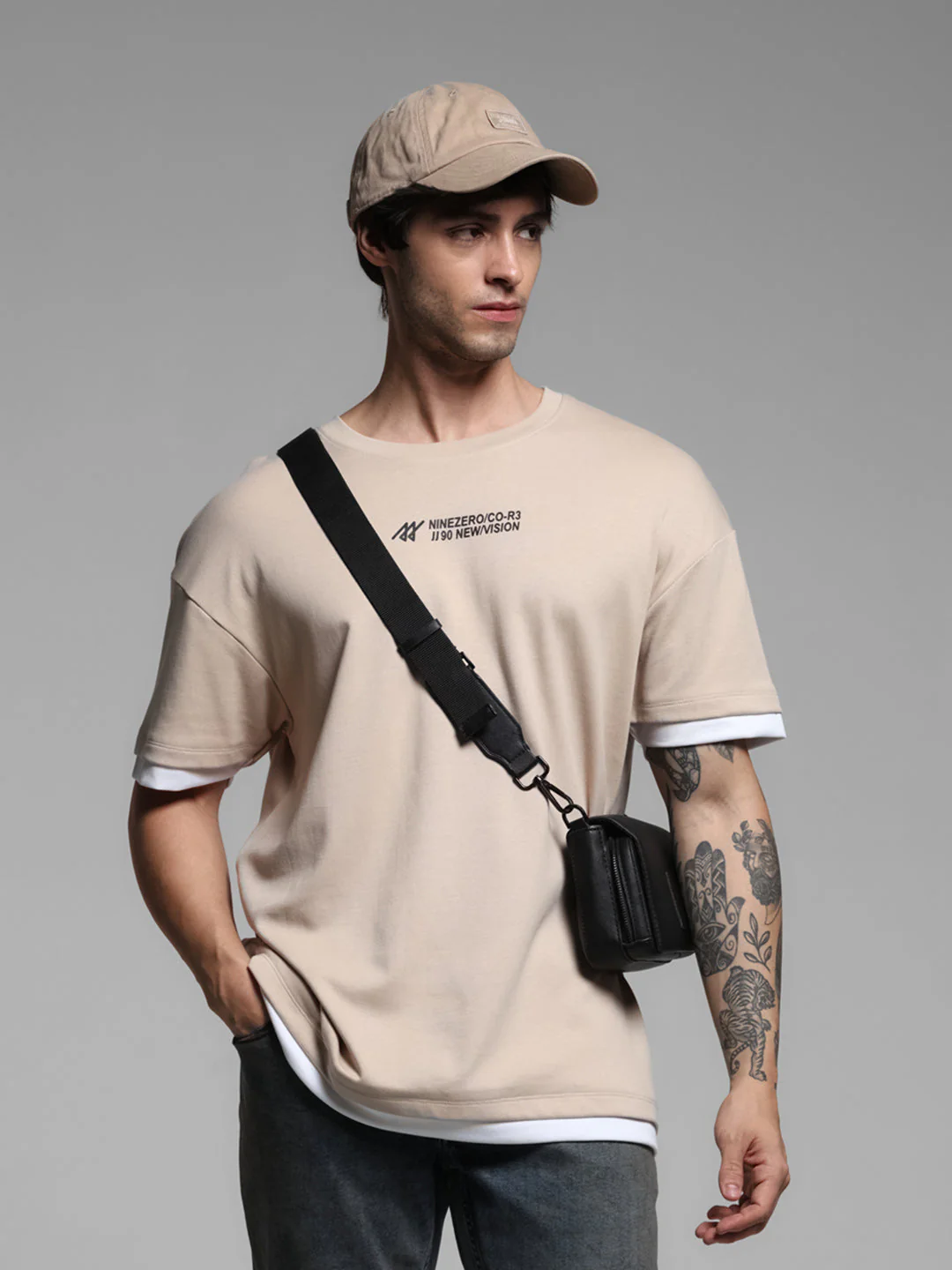 Beige Printed Boxy Fit T-shirt