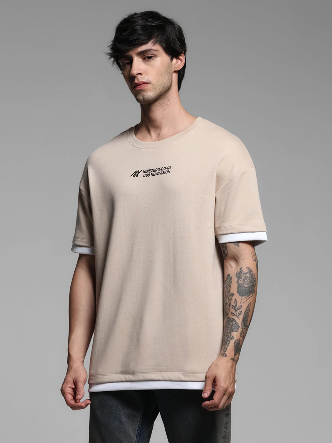 Beige Printed Boxy Fit T-shirt - Image 2