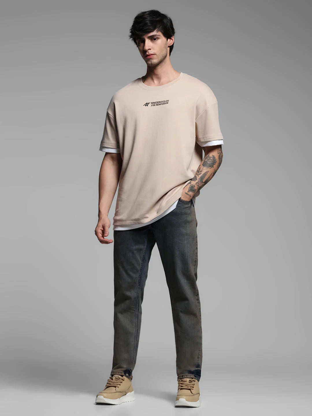 Beige Printed Boxy Fit T-shirt - Image 6