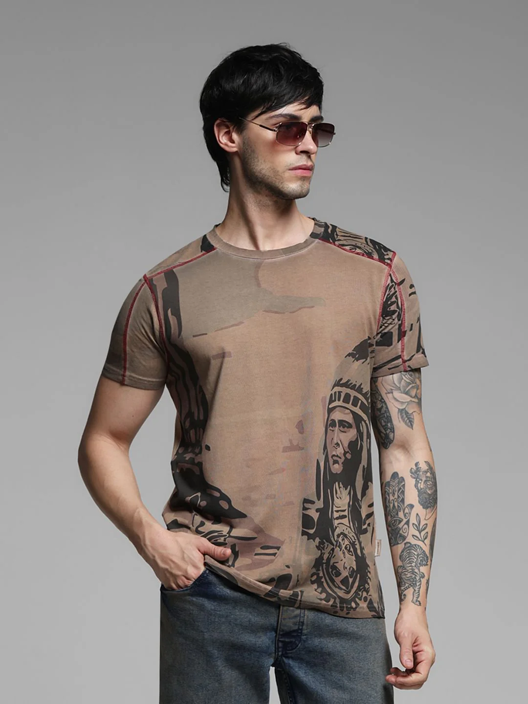 Dark Brown Printed Crew Neck T-shirt
