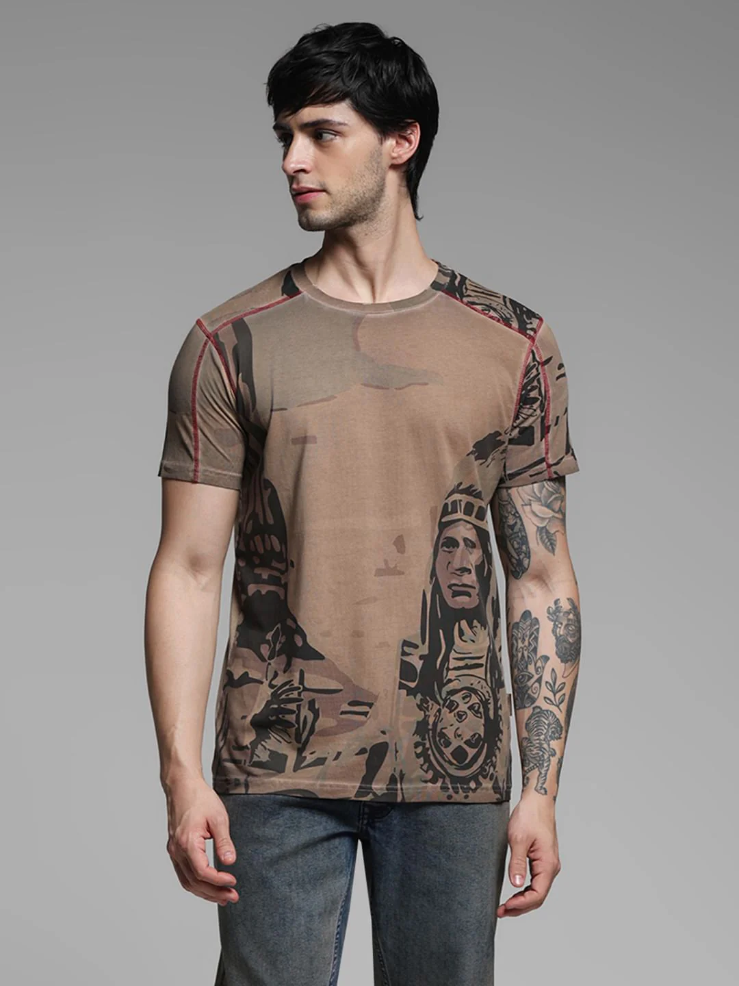 Dark Brown Printed Crew Neck T-shirt - Image 2