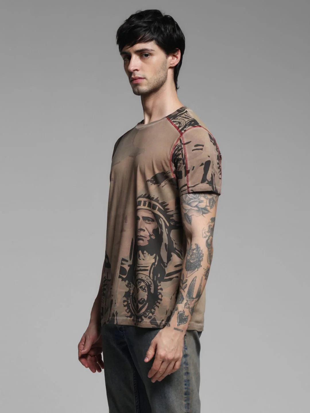 Dark Brown Printed Crew Neck T-shirt - Image 3