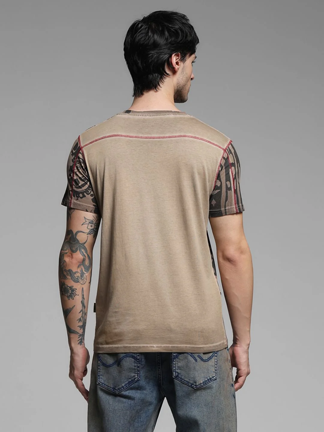 Dark Brown Printed Crew Neck T-shirt - Image 4