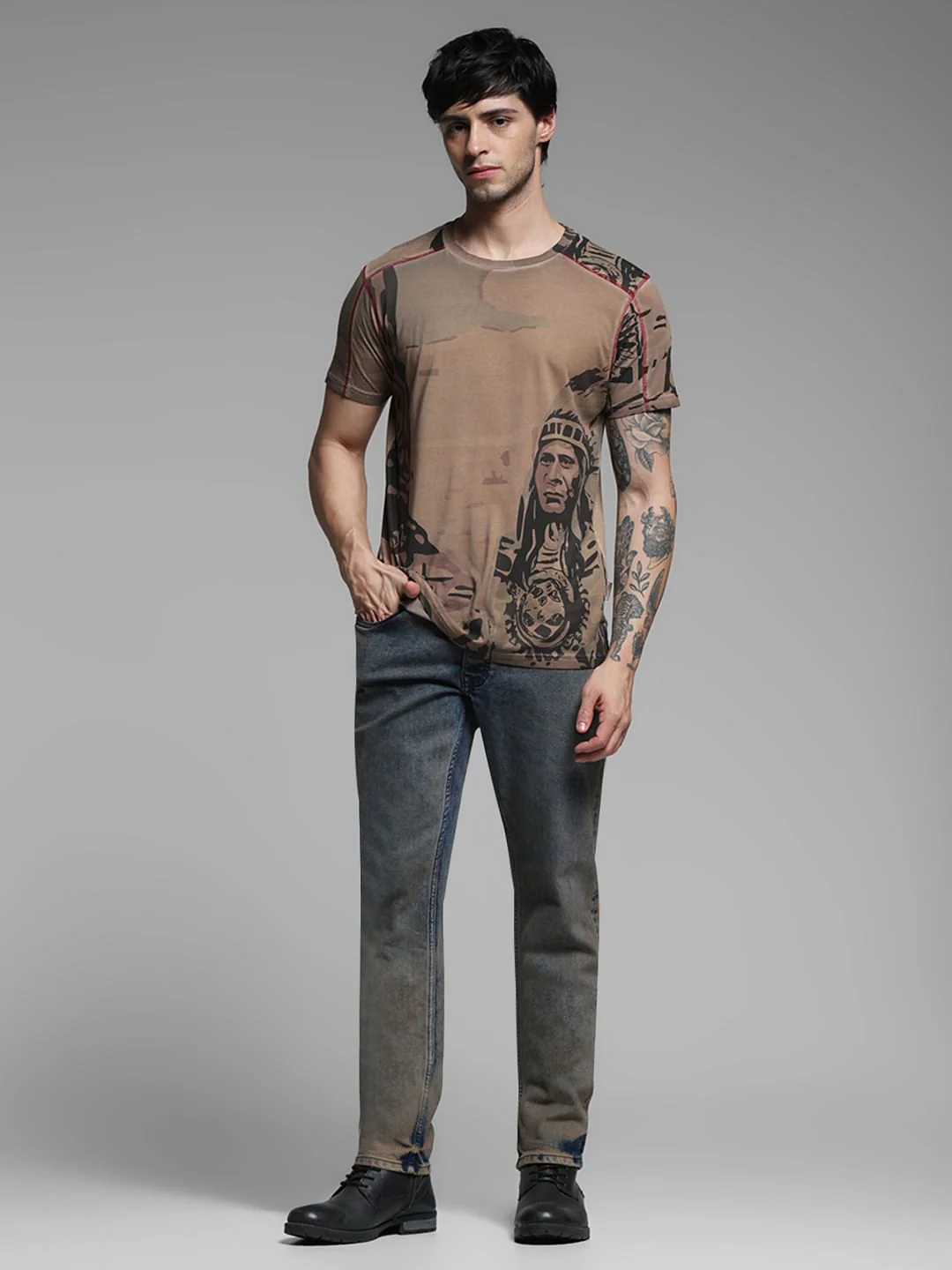 Dark Brown Printed Crew Neck T-shirt - Image 6