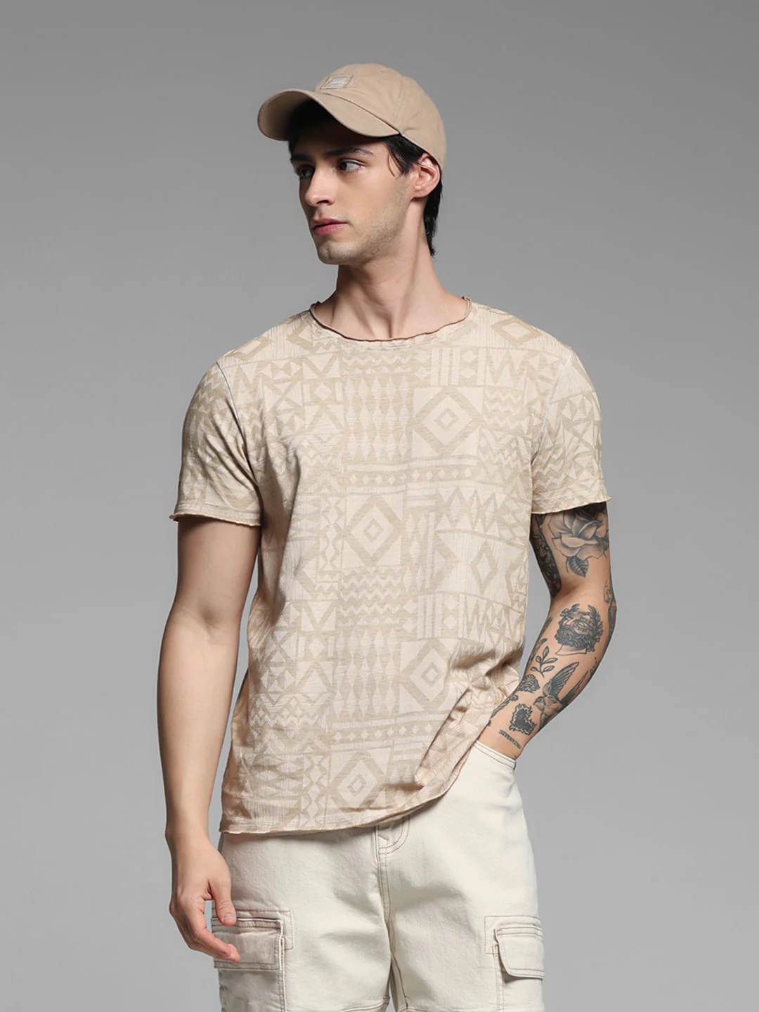 Beige Abstract Print Cotton T-shirt