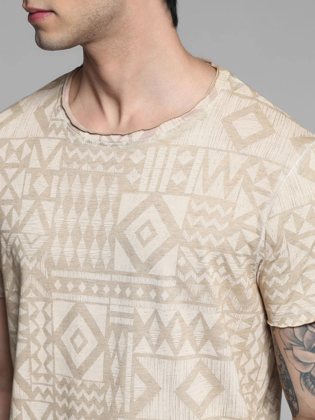 Beige Abstract Print Cotton T-shirt - Image 5