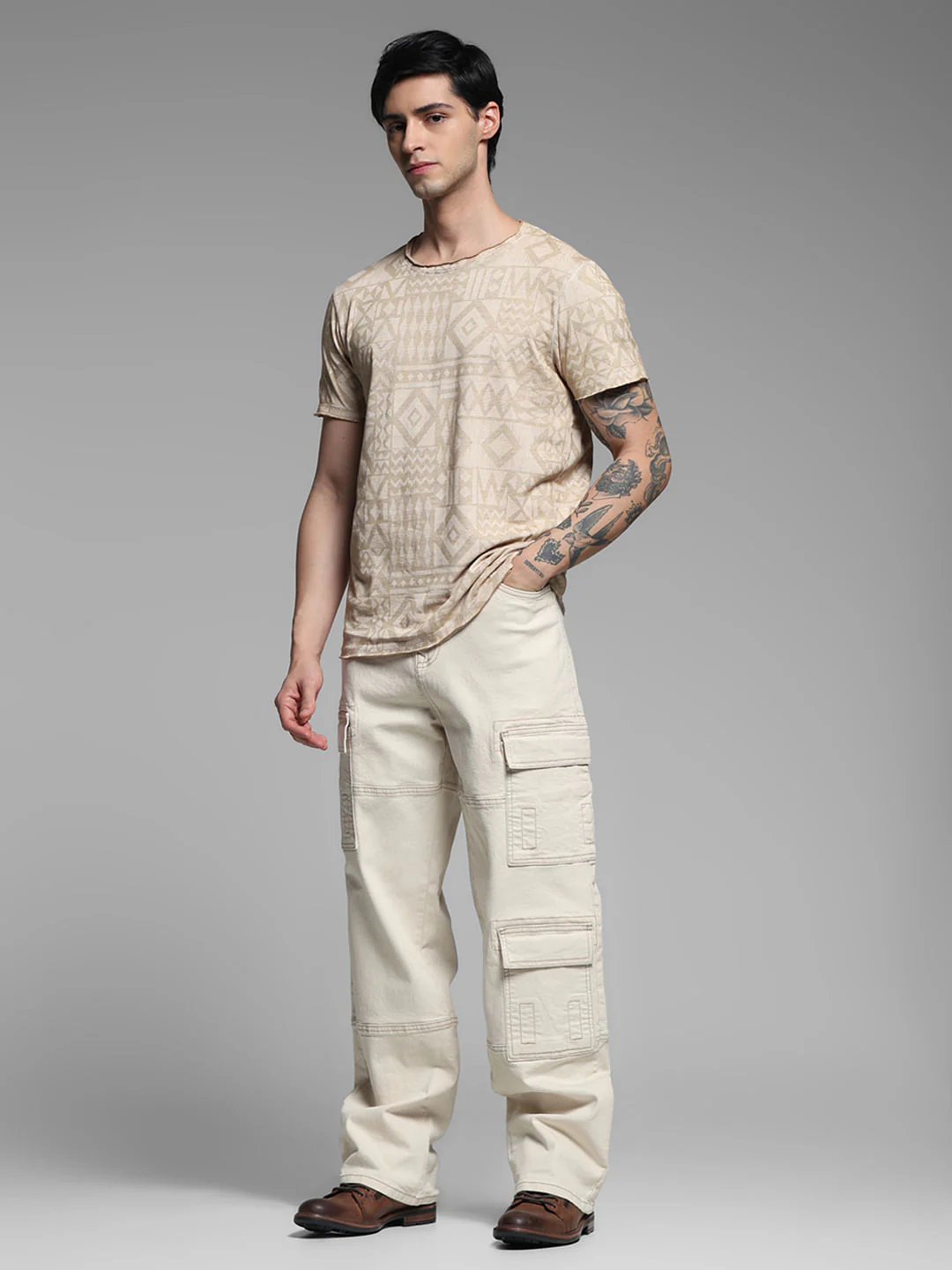 Beige Abstract Print Cotton T-shirt - Image 6