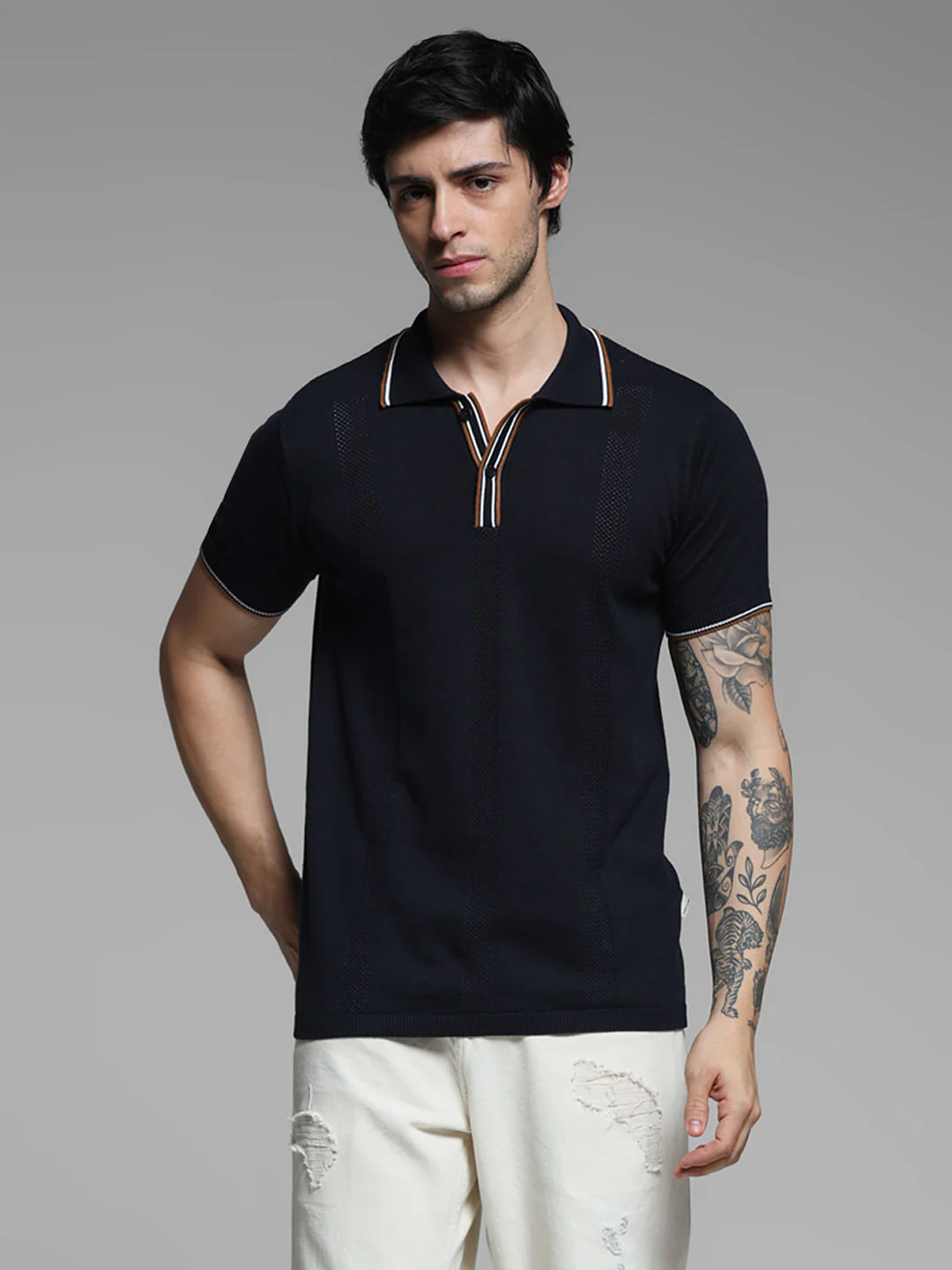 Black Contrast Tipping Knitted Polo - Image 2