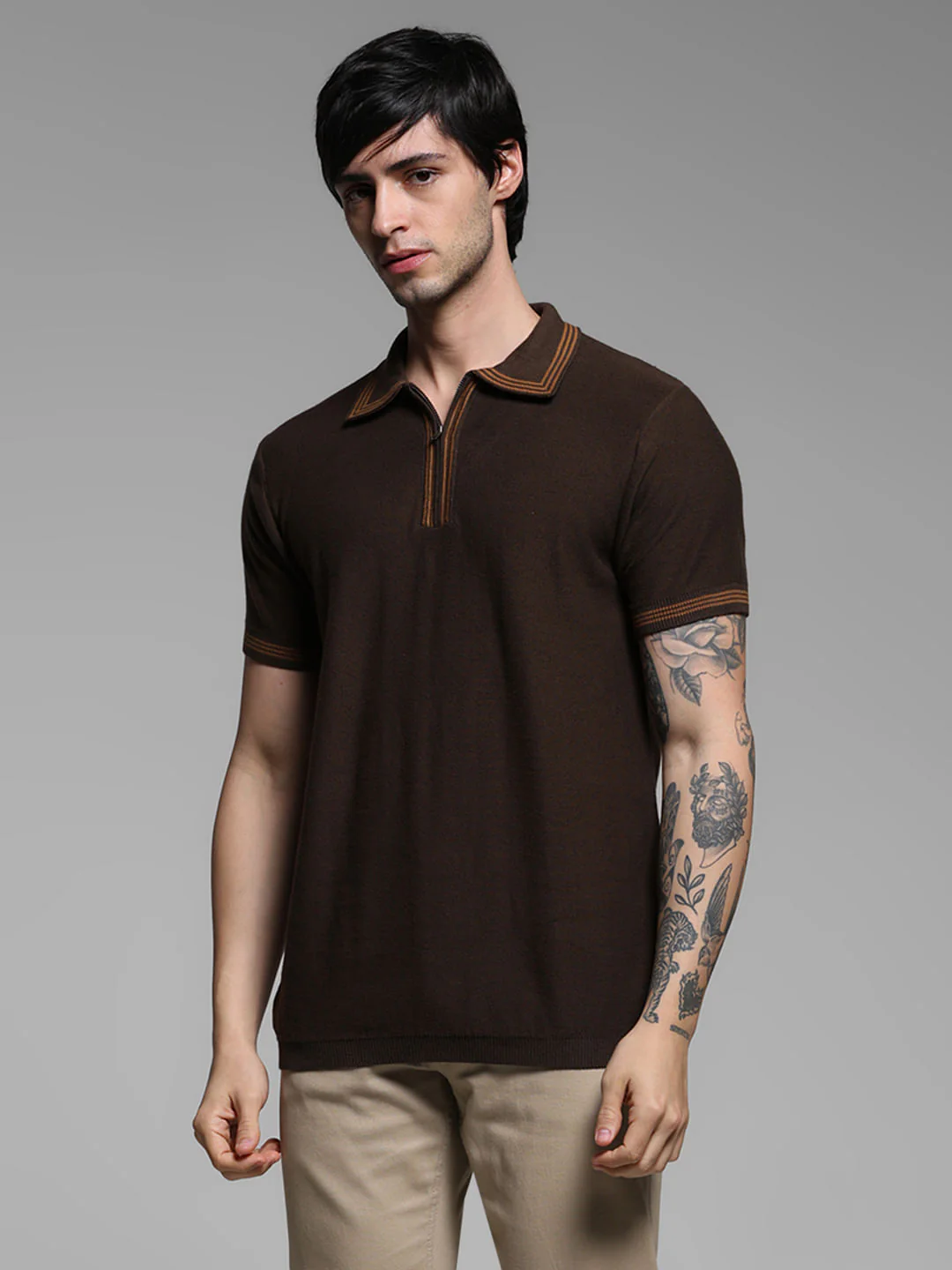 Brown Knitted Contrast Tipping Polo - Image 2