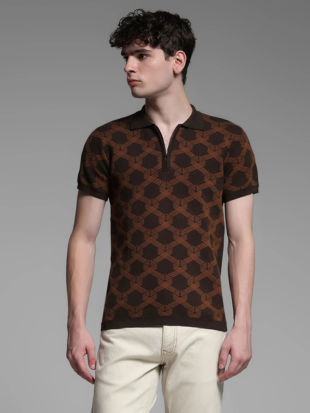 Dark Brown Jacquard Printed Polo - Image 2