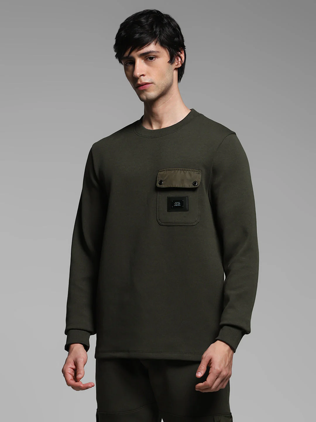 Men's Forest Green Cotton Blend Regular Fit Crew Neck Sweatshirt - Image 2