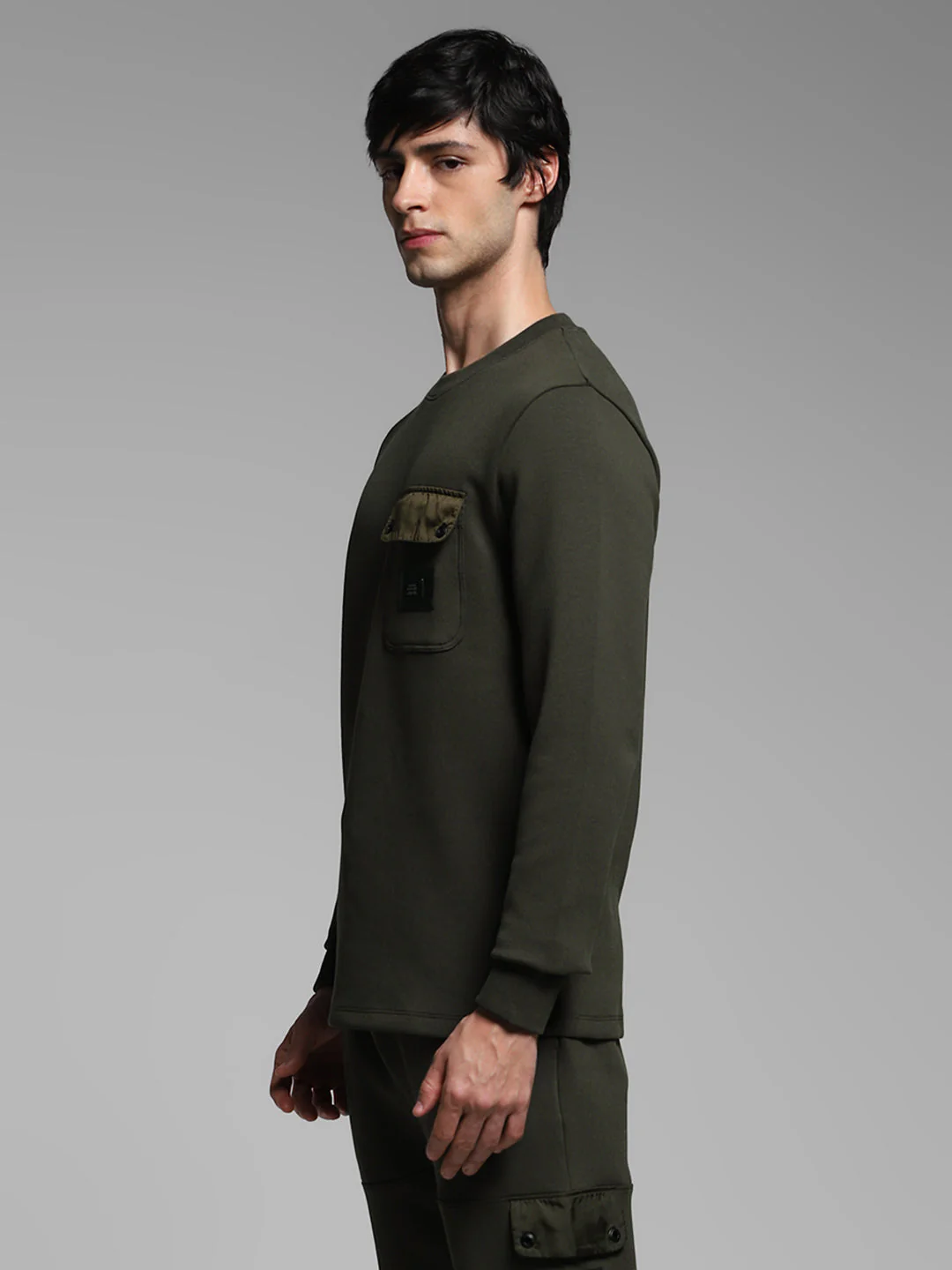 Men's Forest Green Cotton Blend Regular Fit Crew Neck Sweatshirt - Image 3