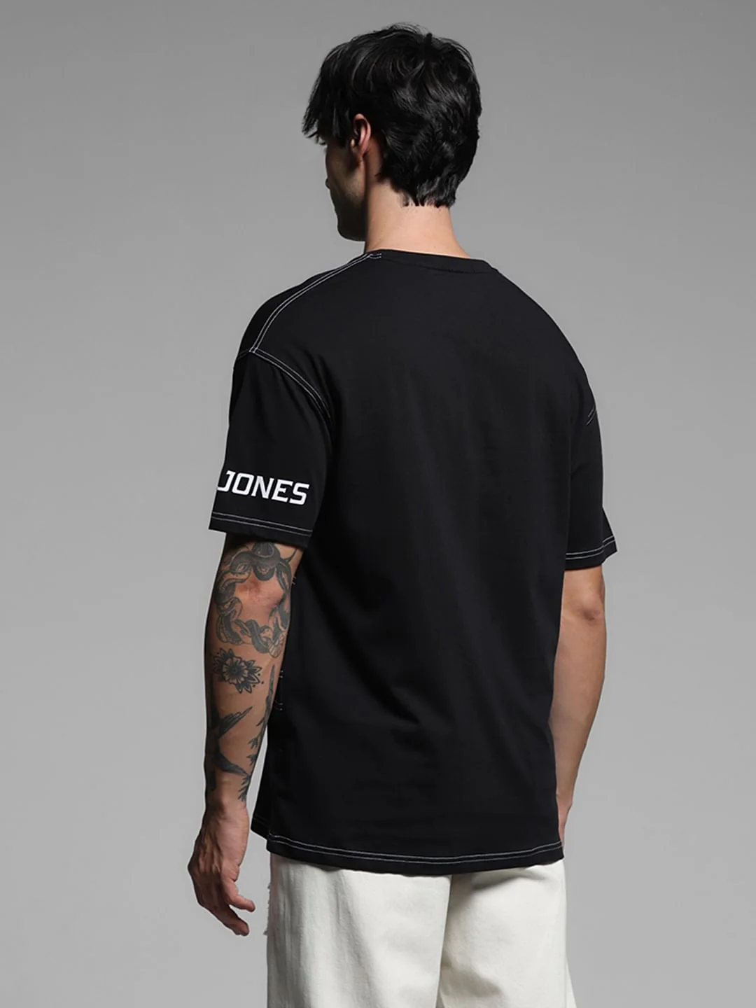 Black Drop Shoulder Contrast Stitch T-shirt - Image 4