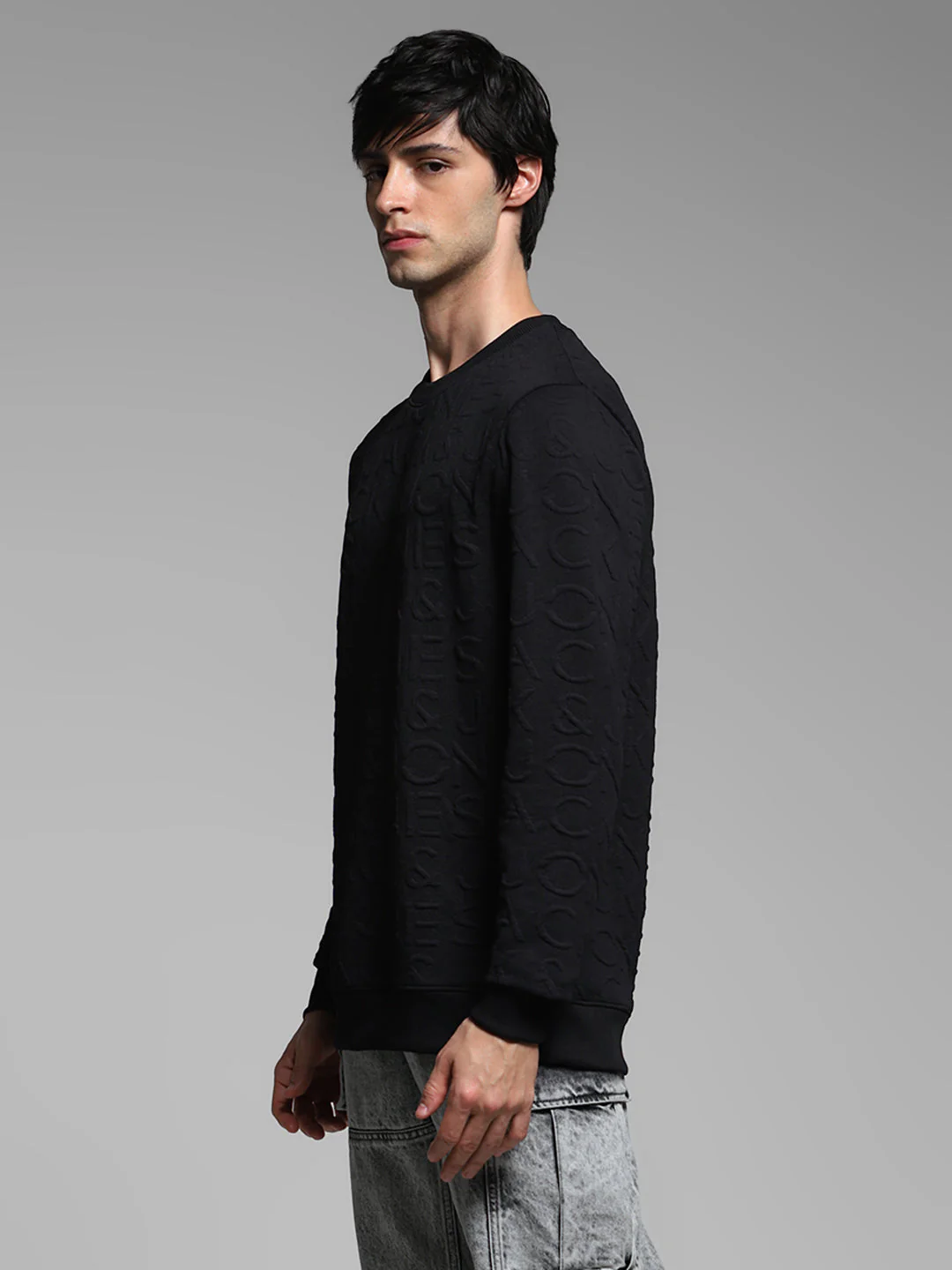 Men's Jet Black Jacquard Embossed Crew Neck Sweatshirt - Image 3