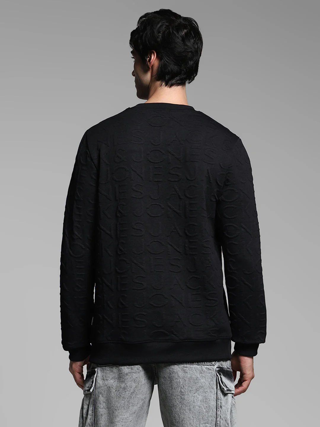 Men's Jet Black Jacquard Embossed Crew Neck Sweatshirt - Image 4