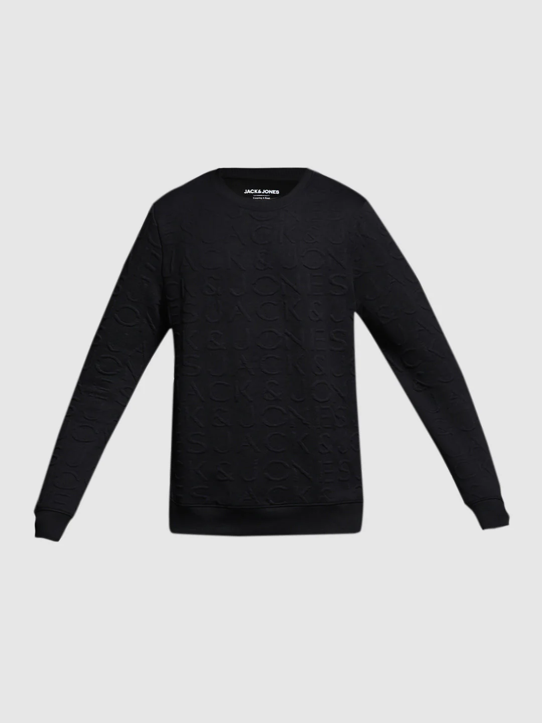 Men's Jet Black Jacquard Embossed Crew Neck Sweatshirt - Image 7