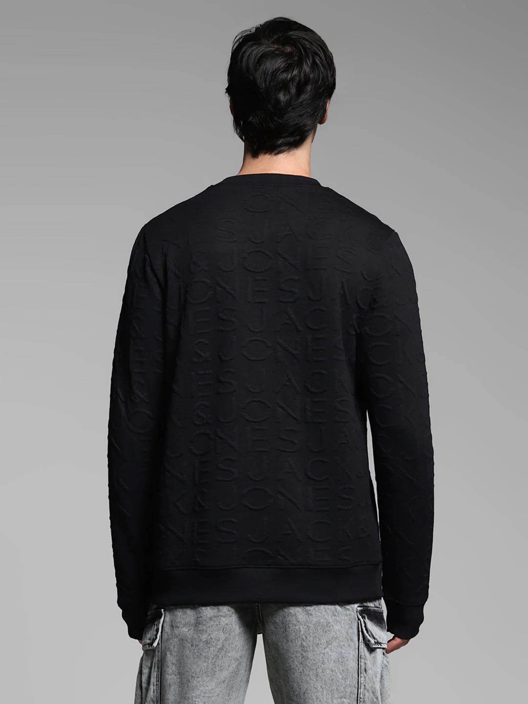 Men's Jet Black Jacquard Embossed Crew Neck Sweatshirt - Image 9