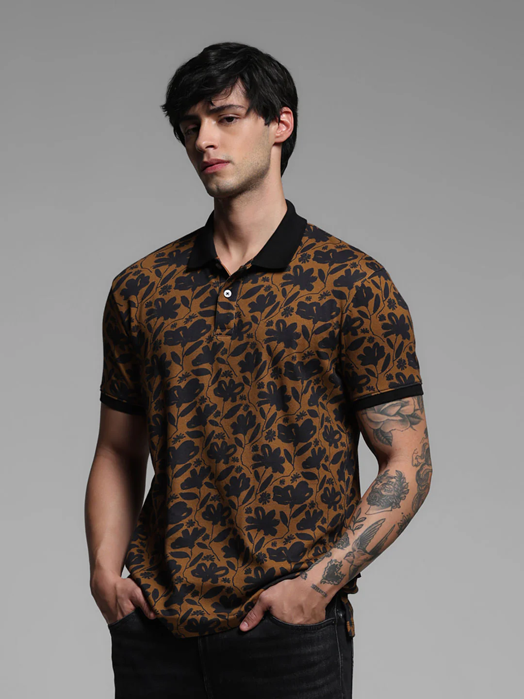 Brown Floral Cotton Polo T-shirt