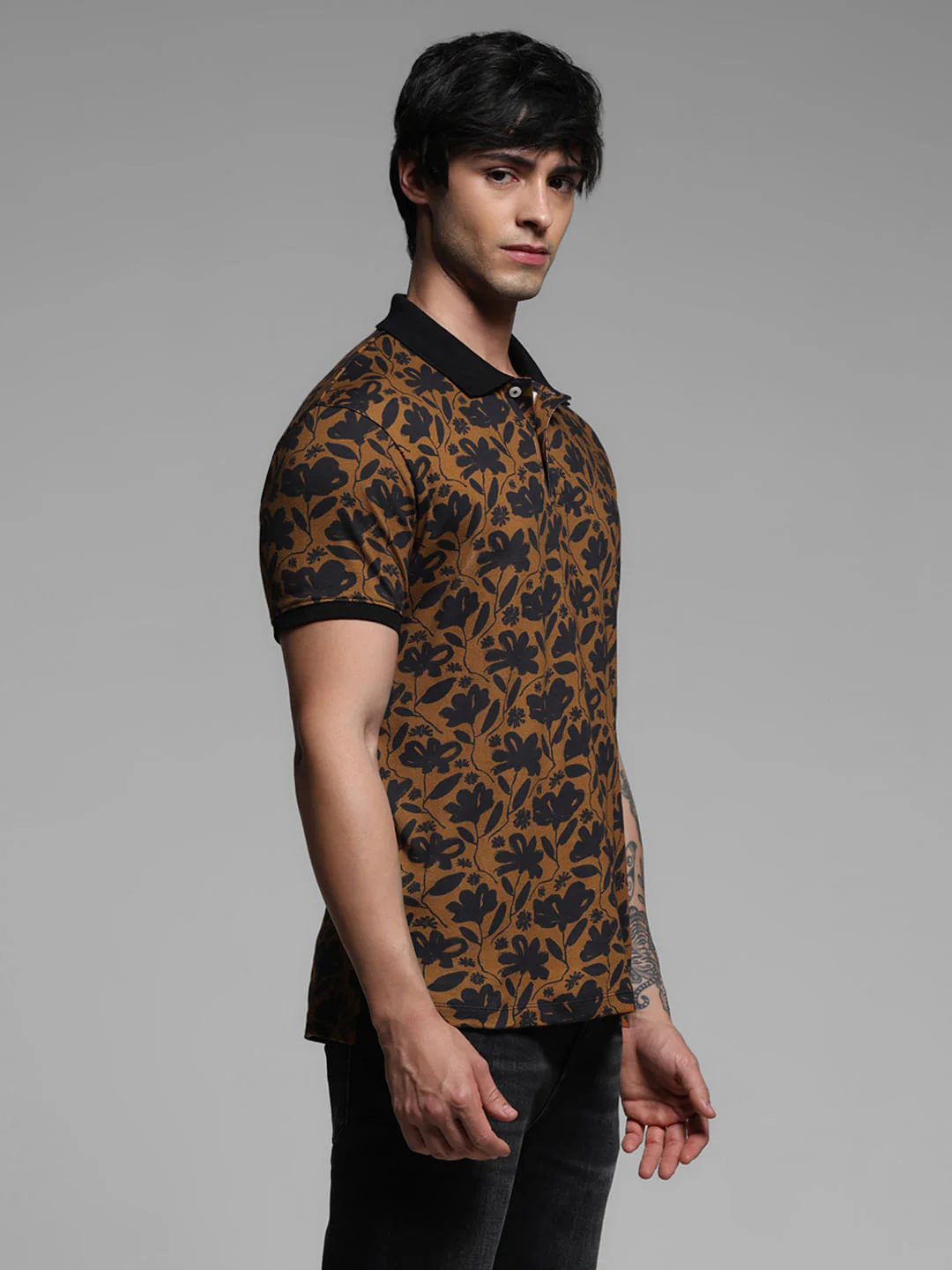 Brown Floral Cotton Polo T-shirt - Image 3