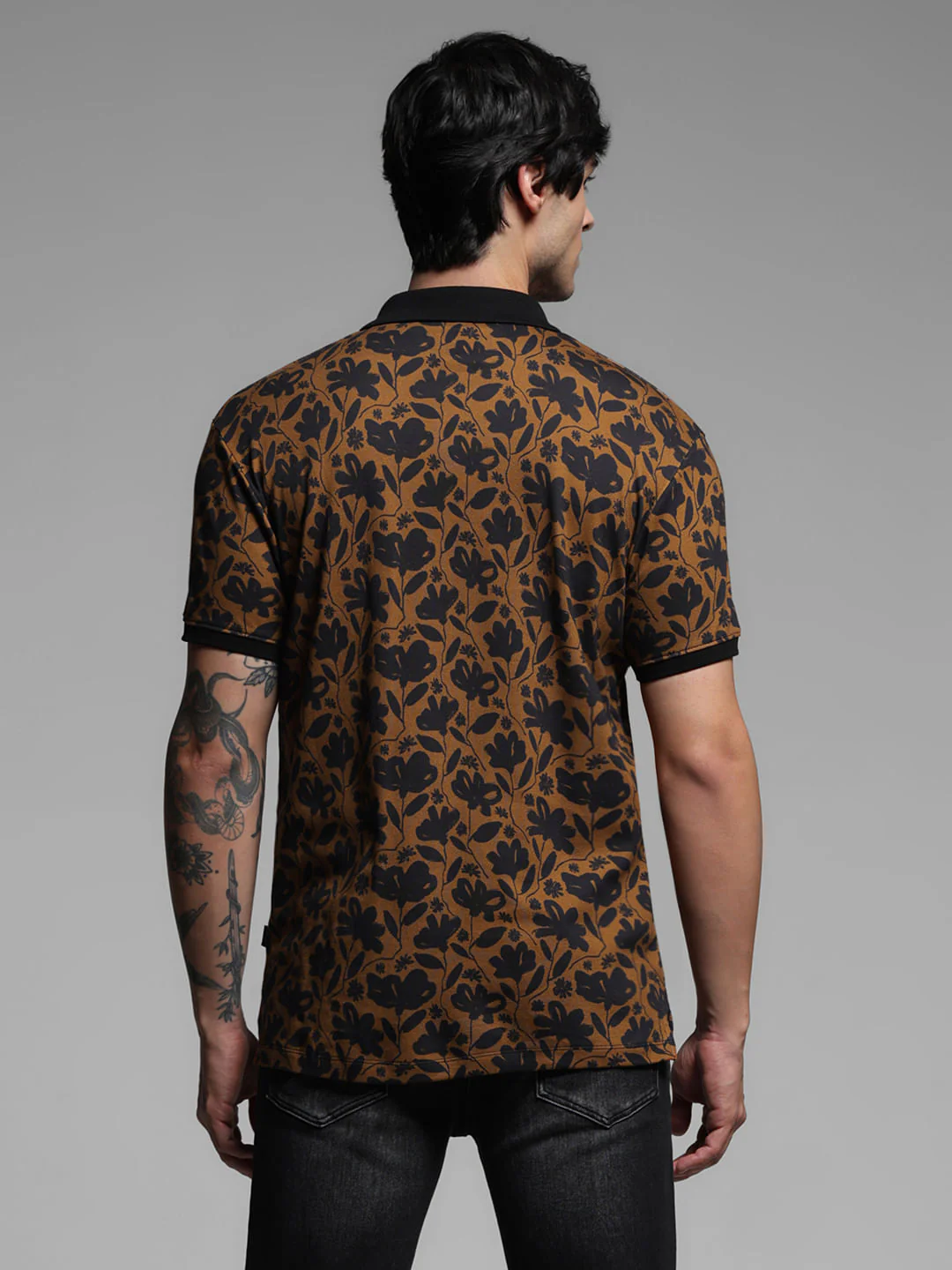 Brown Floral Cotton Polo T-shirt - Image 4