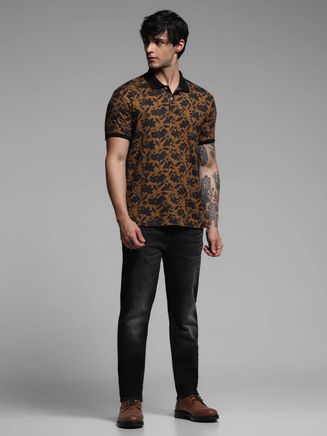 Brown Floral Cotton Polo T-shirt - Image 6