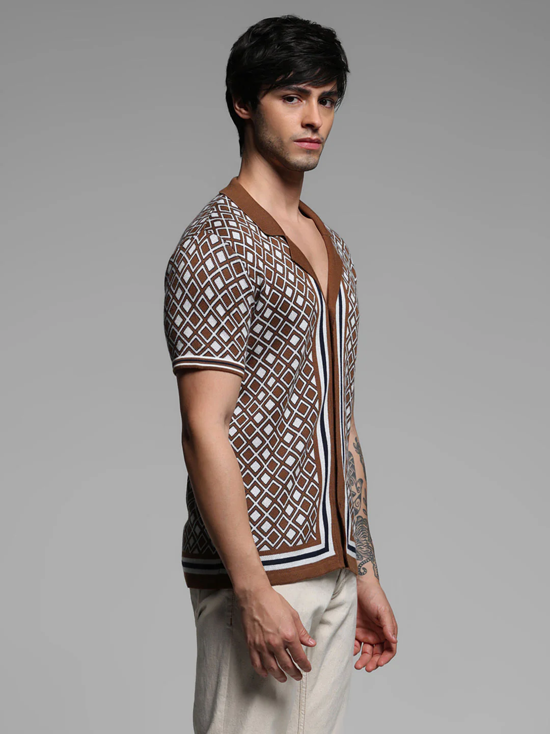 Brown Geometric Print Knitted Polo - Image 3