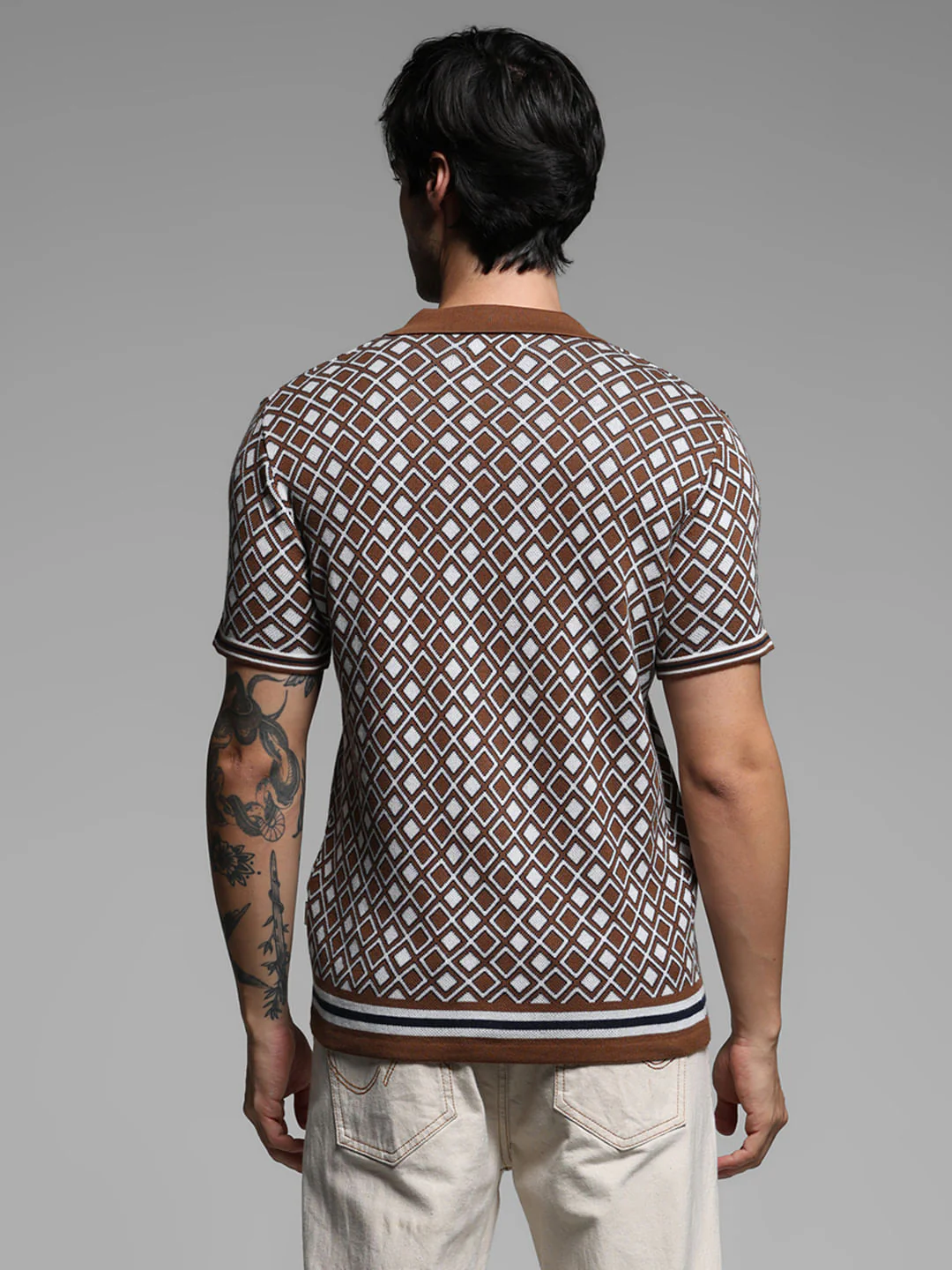 Brown Geometric Print Knitted Polo - Image 4