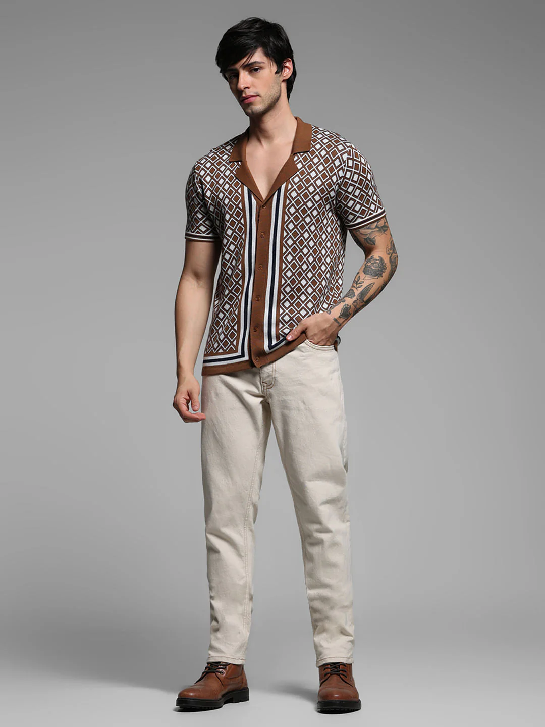 Brown Geometric Print Knitted Polo - Image 6