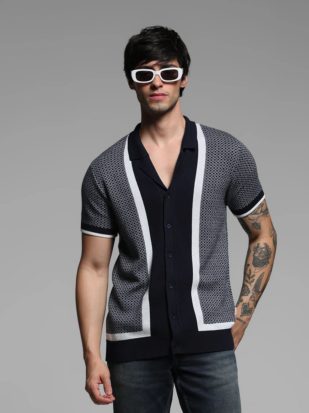 Blue Geometric Print Knitted Polo