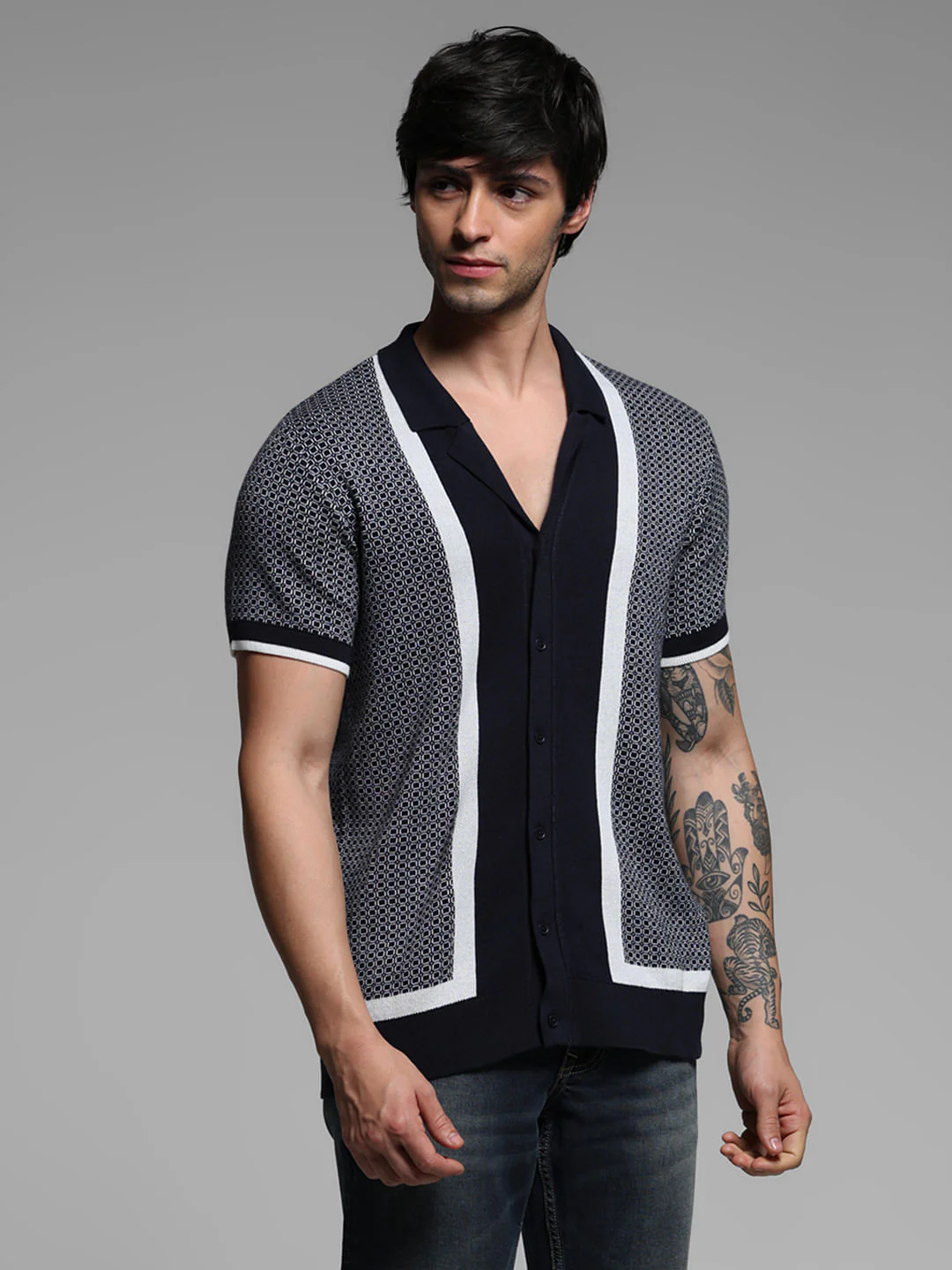 Blue Geometric Print Knitted Polo - Image 2