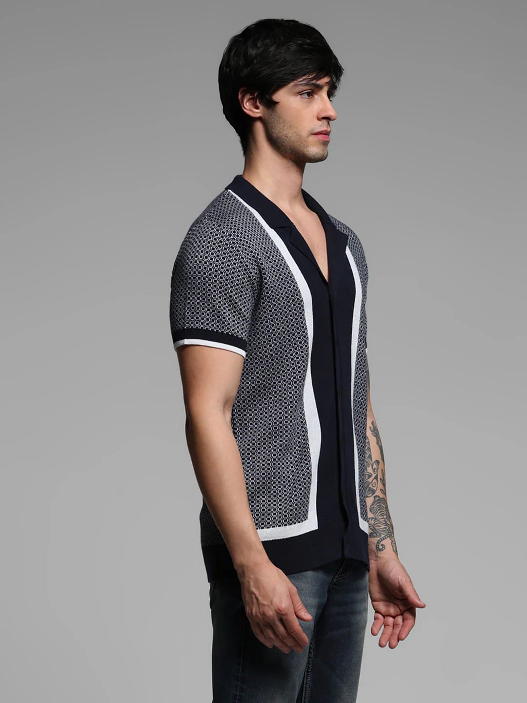 Blue Geometric Print Knitted Polo - Image 3