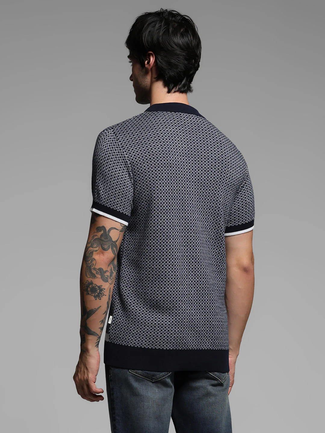 Blue Geometric Print Knitted Polo - Image 4