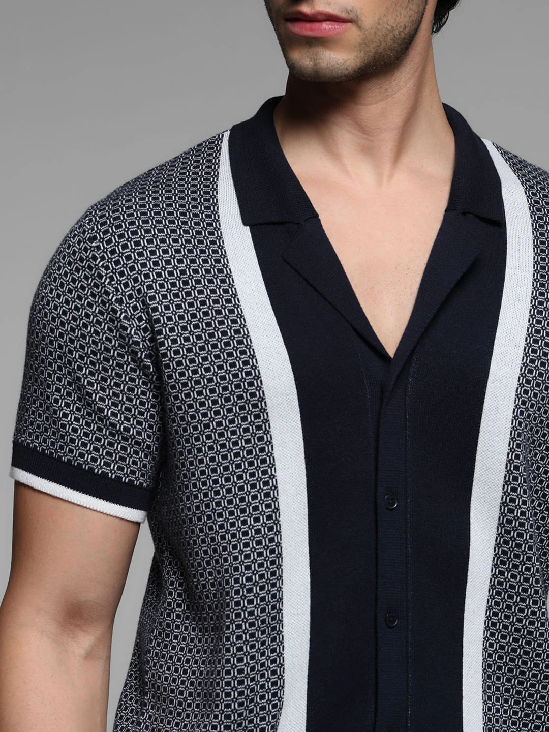 Blue Geometric Print Knitted Polo - Image 5